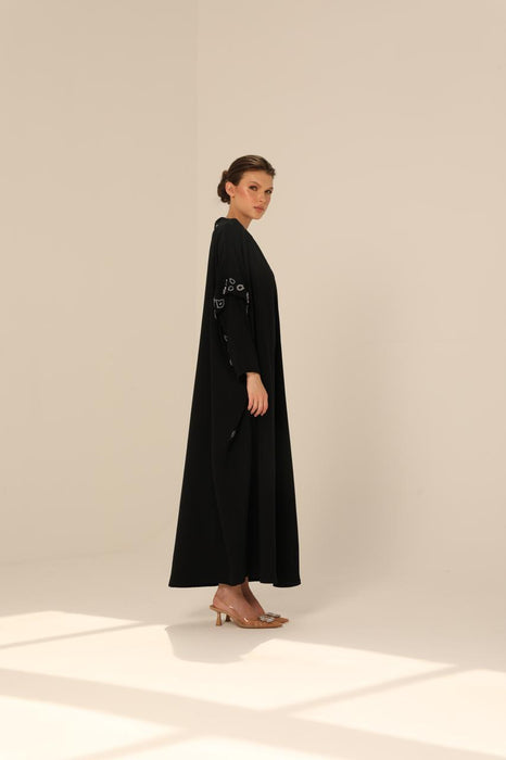 Bead-Embellished Abaya in Crepe