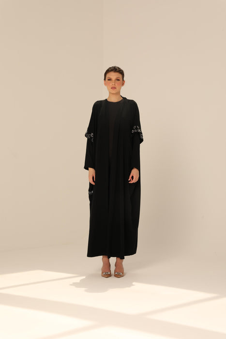 Bead-Embellished Abaya in Crepe