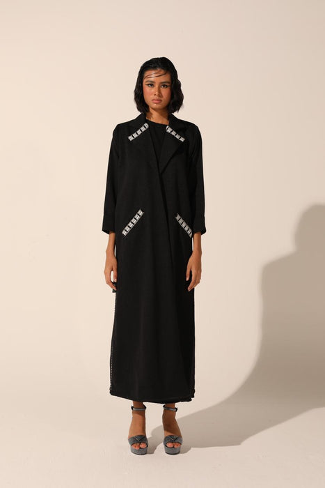 Pearl Embellished Coat Abaya in Shinny Crepe