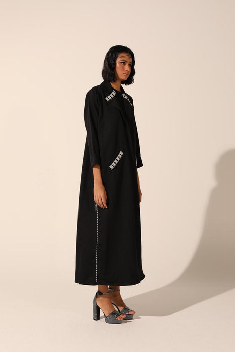 Pearl Embellished Coat Abaya in Shinny Crepe