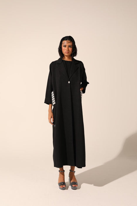 Embellished Pocket Coat Abaya in Shinny Crepe