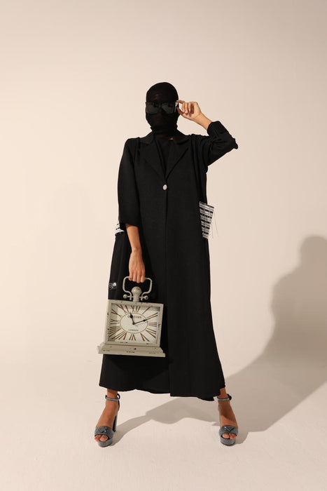 Embellished Pocket Coat Abaya in Shinny Crepe