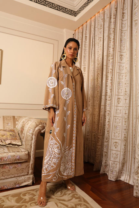 Classy Embroidered Cream Abaya in Chamois