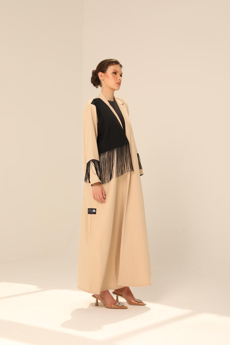 Beige Work Abaya with Fringe