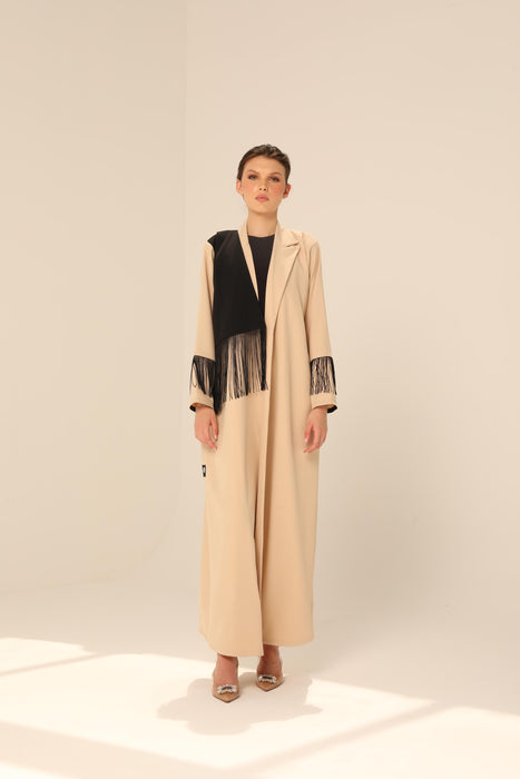 Beige Work Abaya with Fringe