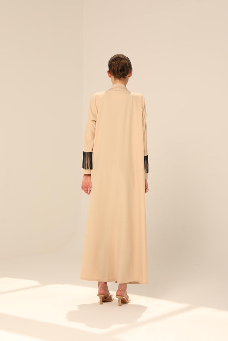 Beige Work Abaya with Fringe