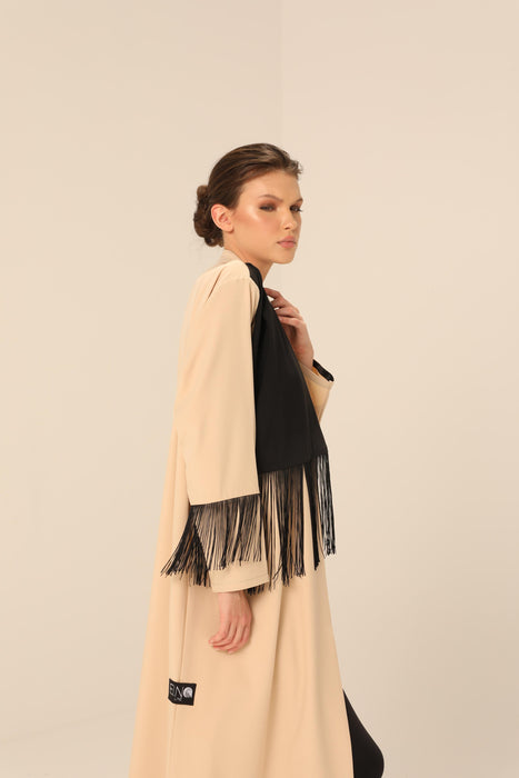 Beige Work Abaya with Fringe