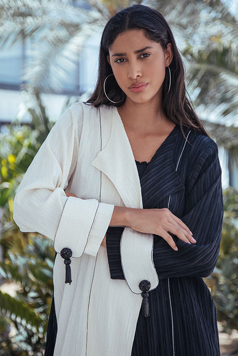 Monochrome abaya with beaded tassels