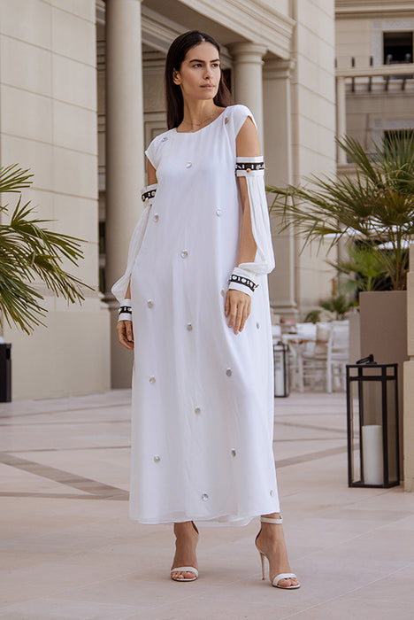 Bead-Embellished White Maxi Dress