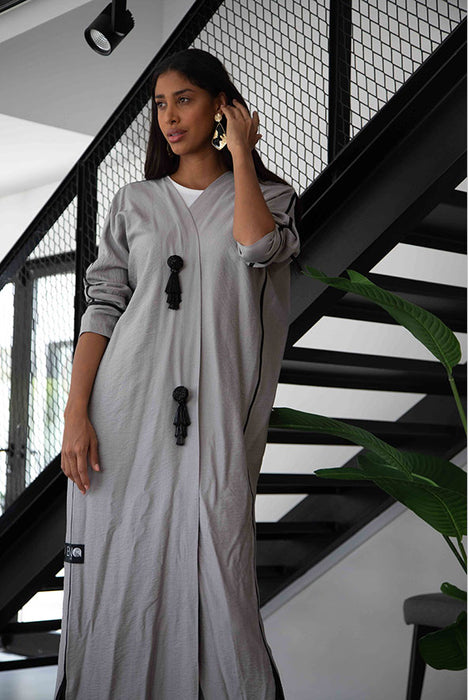 Gray Beaded Tassel Abaya