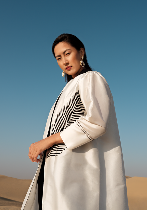 White Abaya with oversized Leaf Embroidery