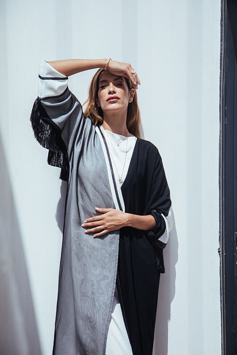 Sequins Fringe Abaya Black & White