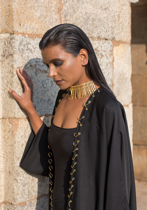 Black luxury golden ring metal abaya