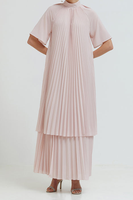 Luxurious Blush Crepe layered Pleated Maxi