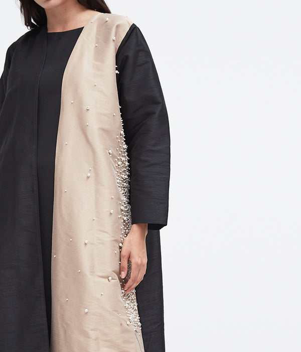 EMBELLISHED PEARL BIEGE AND BLACK ABAYA