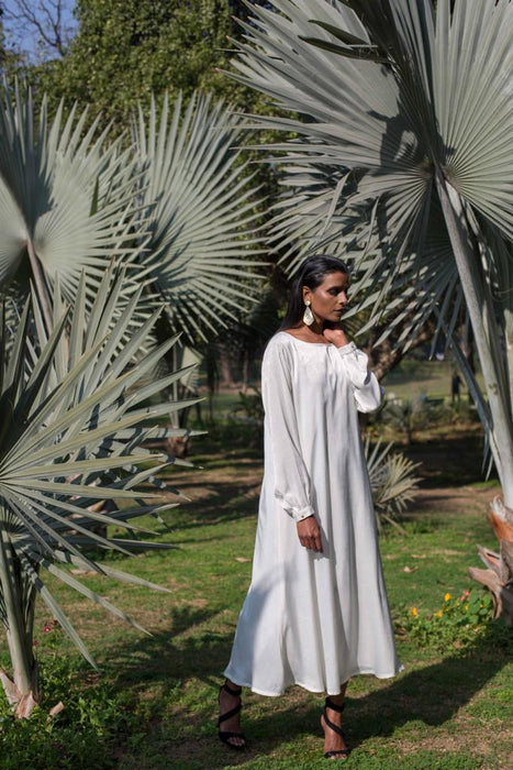 Flawless Off-White Maxi Dress with pearls at the back