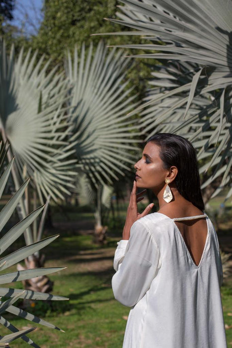 Flawless Off-White Maxi Dress with pearls at the back