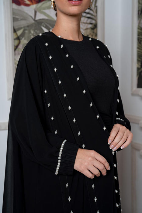 Multi Black Panel Abaya with Hanging Pearls