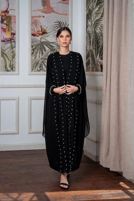 Multi Black Panel Abaya with Hanging Pearls