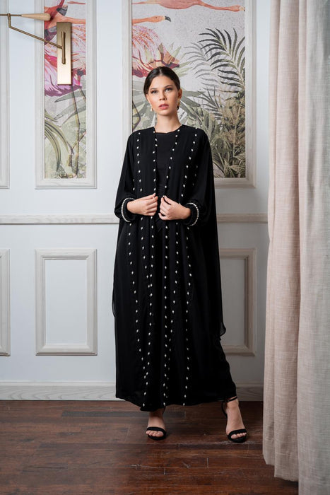 Multi Black Panel Abaya with Hanging Pearls