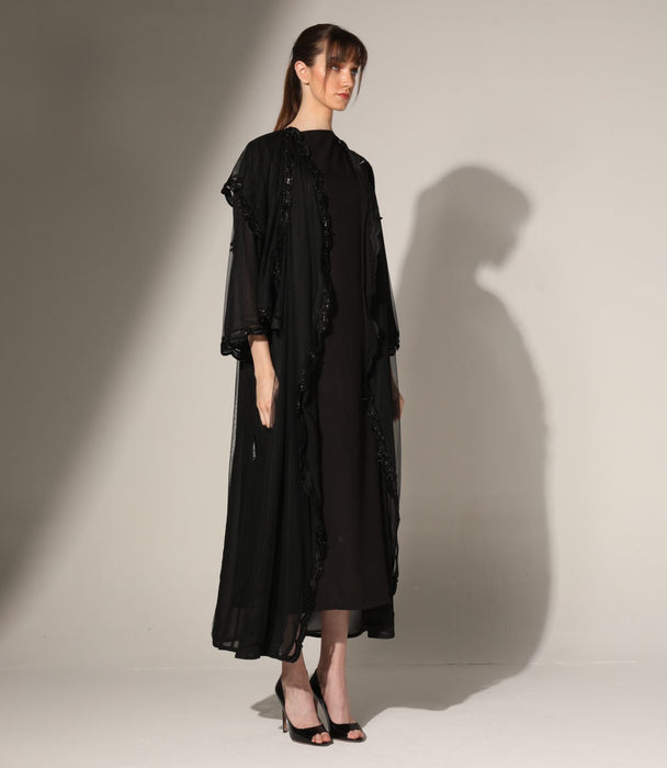 Sequins Trim Abaya in Tulle