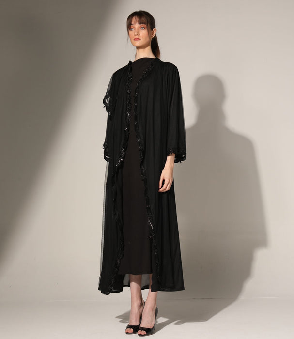 Sequins Trim Abaya in Tulle