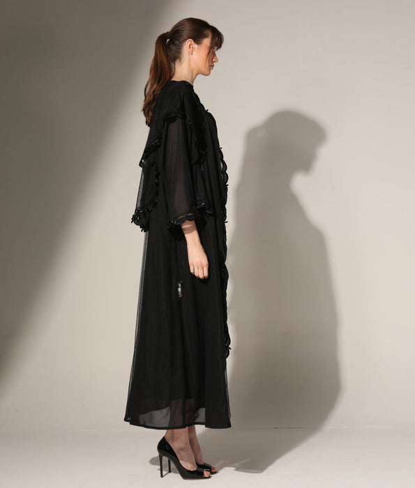 Sequins Trim Abaya in Tulle