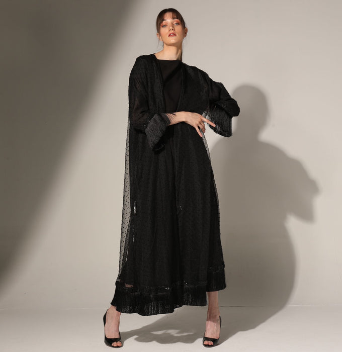 Organza Polka Dot Fringe Abaya