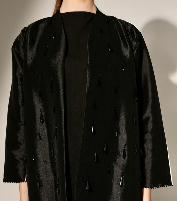 Black Crystal Embellished Silk Abaya