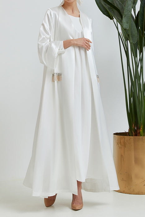 White Silk Embroidered Abaya